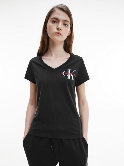 Calvin Klein Ruhák HU388667 | Calvin Klein Organic Cotton V-Neck Logo Női Póló Fekete